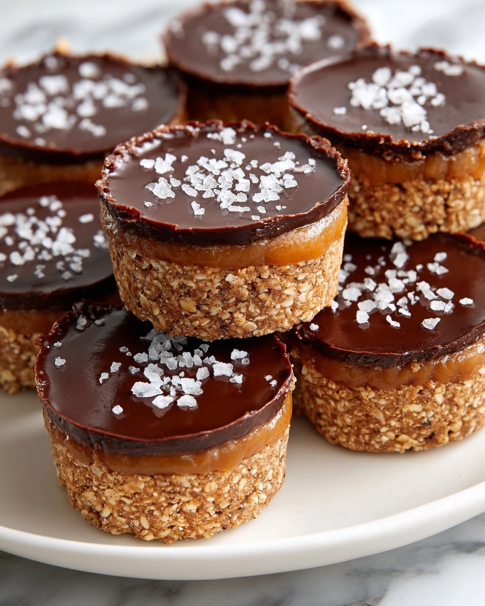 The image shows several small dessert cups stacked in two layers on a white plate over a white marbled surface. Each cup has three clear layers: a bottom layer made of light brown oat and nut mix, with a rough and chunky texture; a middle layer of smooth, creamy caramel in a rich light brown color; and a top layer of dark brown, glossy chocolate ganache sprinkled with white flakes. The desserts are round with clean, sharp edges. Photo taken with an iphone --ar 4:5 --v 7