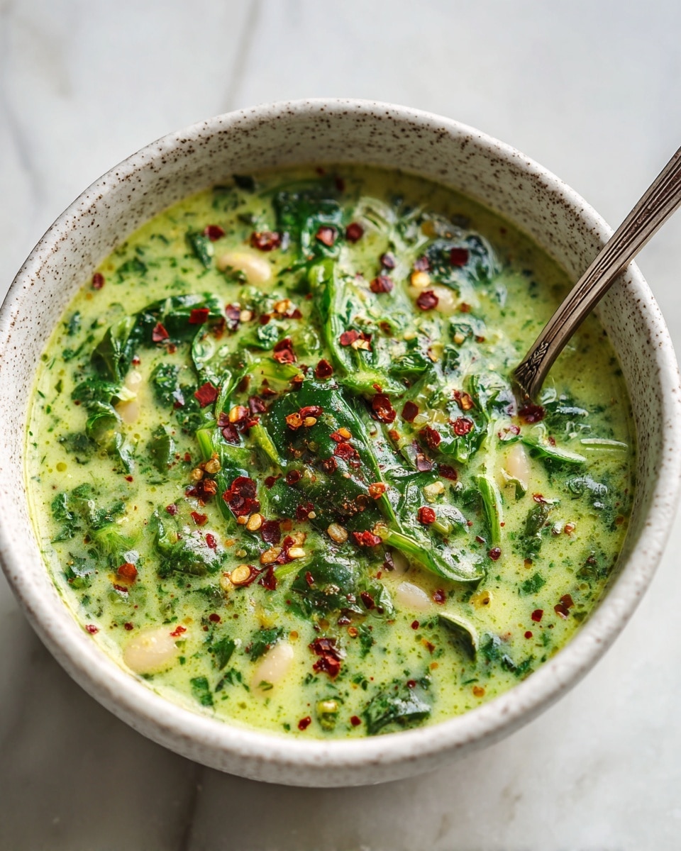 A close-up of a soup served in a white speckled bowl, filled almost to the top with a thick, greenish soup that has a slightly chunky texture. The soup has visible white beans spread throughout and is topped with small flecks of dark green herbs and sprinkled with red chili flakes. The bowl sits on a white marbled texture surface that adds a clean and bright contrast to the rich colors of the soup. photo taken with an iphone --ar 4:5 --v 7
