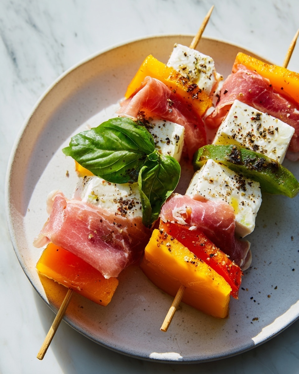 Two skewers rest on a white plate set on a white marbled surface, each one layered with four distinct elements: a bright orange-yellow piece of bell pepper at the bottom, followed by a folded pinkish-red slice of prosciutto, then a cube of creamy white mozzarella cheese sprinkled with cracked black pepper, and fresh green basil leaves tucked between the layers. The colors alternate along the skewer, creating a fresh and vibrant look with the pepper and basil adding bright pops of color. The speckled black pepper adds texture and a hint of seasoning on the smooth cheese and soft prosciutto. Photo taken with an iphone --ar 4:5 --v 7