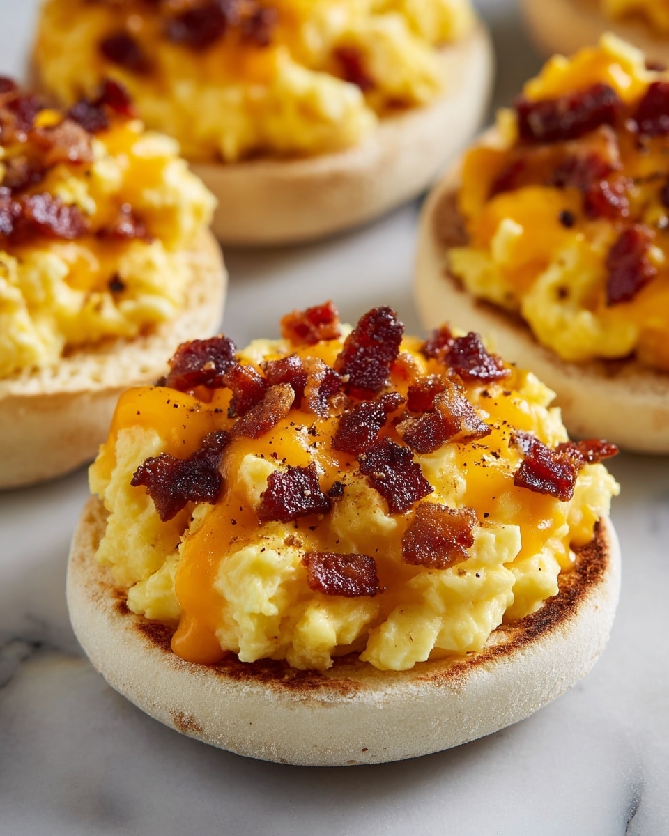 The image shows a toasted English muffin cut in half and topped with scrambled eggs that look soft and creamy, layered with melted bright orange cheddar cheese covering the eggs. Small pieces of crispy, golden-brown bacon are sprinkled on top, adding texture and color contrast. The muffin is light golden brown and slightly crispy. The background is a white marbled texture, and the close-up shot highlights the layers and the melted cheese shine. photo taken with an iphone --ar 4:5 --v 7