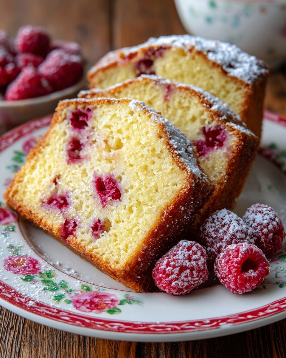 A slice of yellow cake with red raspberry pieces baked inside sits on a white plate with pink and green floral designs. The cake has a moist texture with visible raspberry chunks on top and inside. Around the base of the cake slice, there are fresh raspberries dusted lightly with powdered sugar, adding a soft white texture. The plate rests on a warm brown wooden surface, which is replaced with a white marbled texture. The overall scene is warm and inviting. photo taken with an iphone --ar 4:5 --v 7