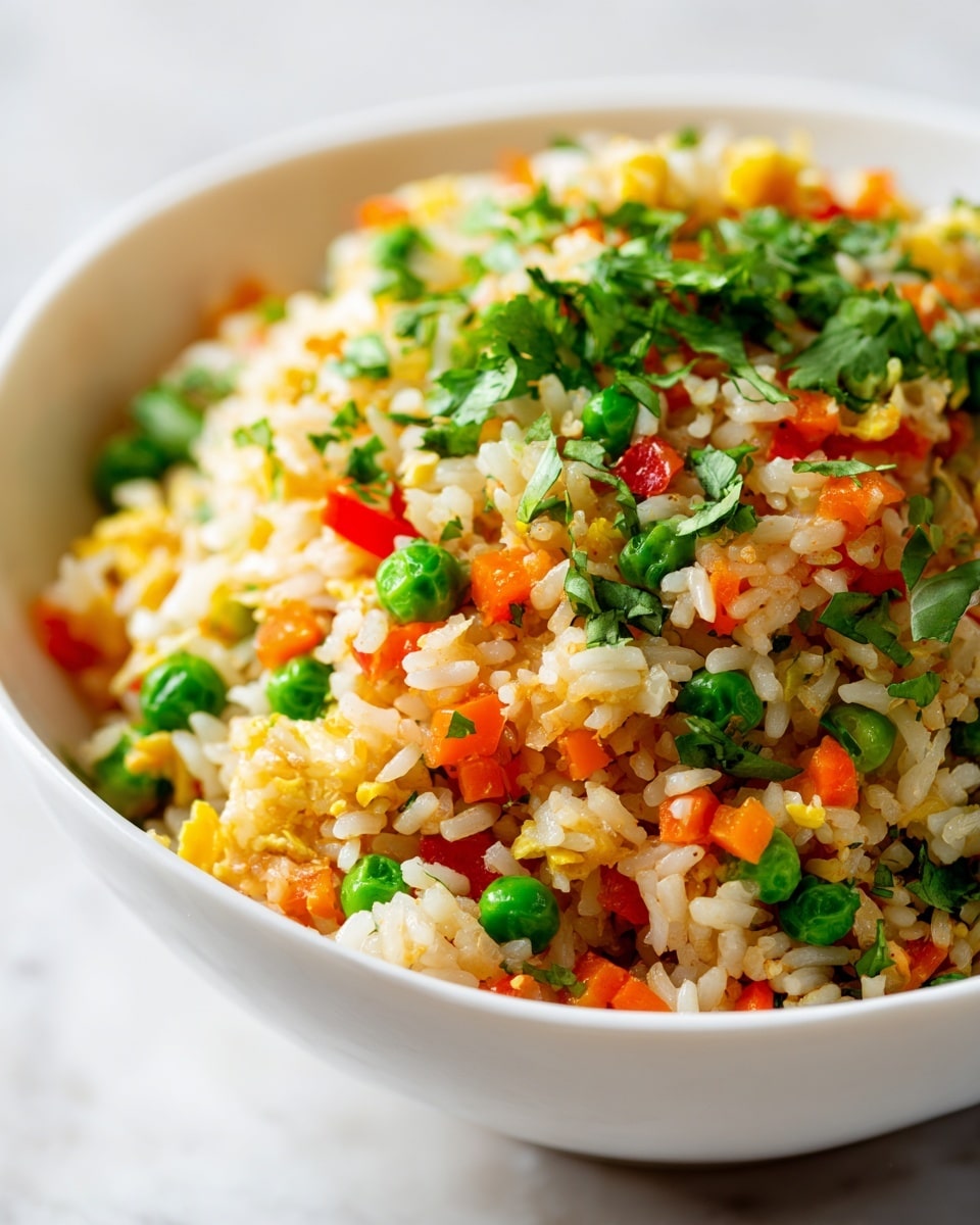 A white bowl filled with a colorful mix of fried rice, showing layers of golden brown rice grains, bright green peas, small orange carrot pieces, and bits of fresh green cilantro on top. The rice has a slightly shiny texture, and the vegetables add a fresh look with their vibrant colors. The bowl sits on a white marbled surface, giving a clean and simple background that makes the food stand out. photo taken with an iphone --ar 4:5 --v 7