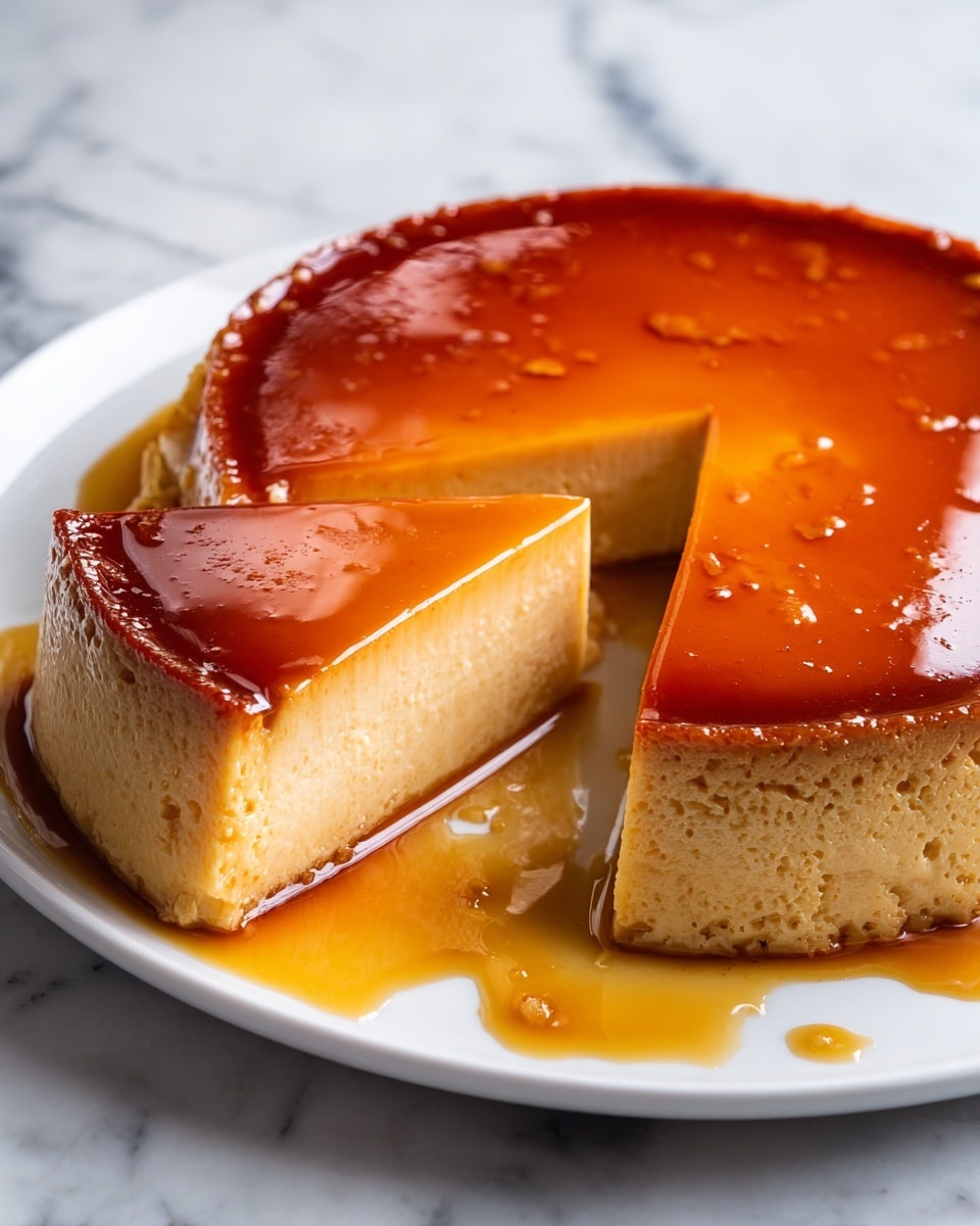 A round flan dessert is shown, sliced with one piece slightly pulled out. The flan has two visible layers: a smooth, shiny, deep caramel-colored top layer that glistens with syrup, and a light yellow, creamy custard base that looks soft and dense. The caramel sauce has pooled around the base on a white plate, creating a rich, glossy amber puddle. The white marbled surface beneath the plate contrasts softly with the warm caramel hues. Photo taken with an iphone --ar 4:5 --v 7
