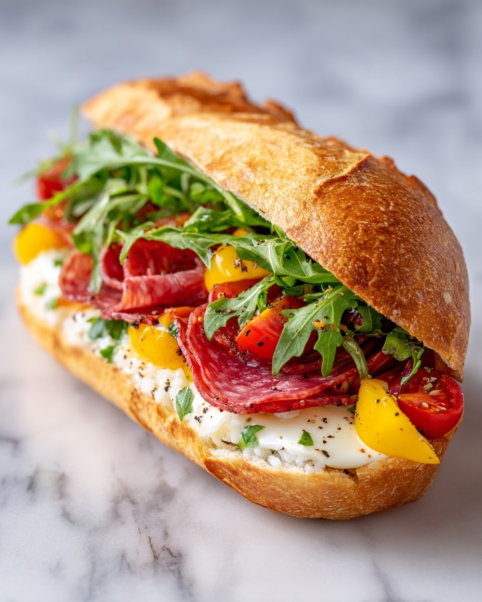 The image shows a sub sandwich on a white marbled surface, with the sandwich bread split open to reveal several colorful layers. The bottom layer has a melted white cheese covering cooked rice or grains that peek through. On top of that are slices of reddish deli meat, topped with bright red cherry tomatoes and fresh green arugula leaves spread unevenly. A few yellow bell pepper pieces are placed near the bottom right inside the sandwich. The sandwich is slightly open to show the vibrant mix inside, with some cracked black pepper sprinkled on top of the cheese. The crusty bread has a golden brown color with a soft inside. Photo taken with an iphone --ar 4:5 --v 7