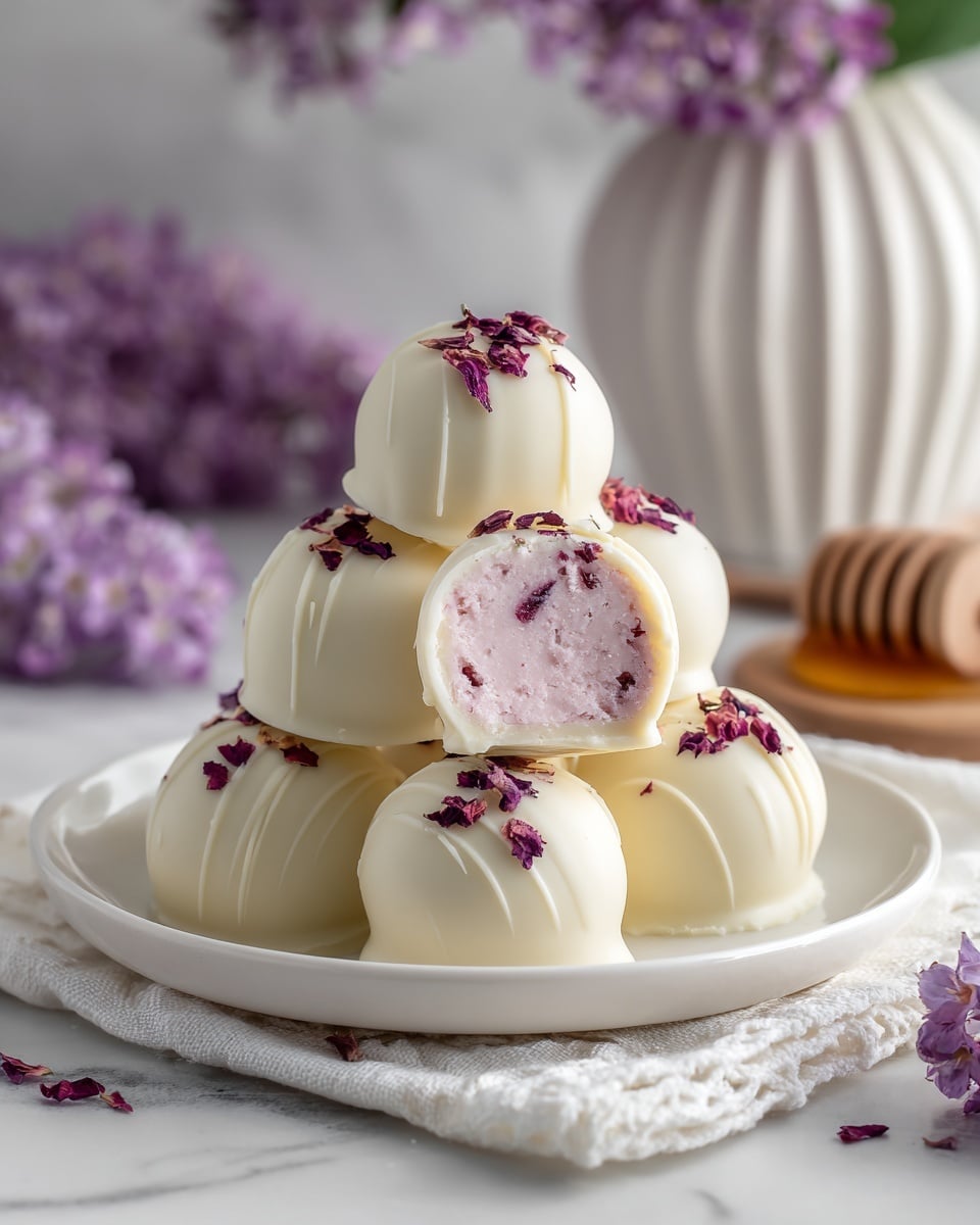 A stack of smooth, round white chocolate-covered balls sit on two white plates stacked on top of each other, placed on a white gauzy cloth. Each ball is glossy and pale white with small pieces of purple flower petals on top. One ball is cut in half, showing a soft, light purple striped filling inside. Around the plates and on the cloth, small purple flowers are scattered. The background is a soft white marbled texture with a blurred white vase and a honey dipper nearby. photo taken with an iphone --ar 4:5 --v 7