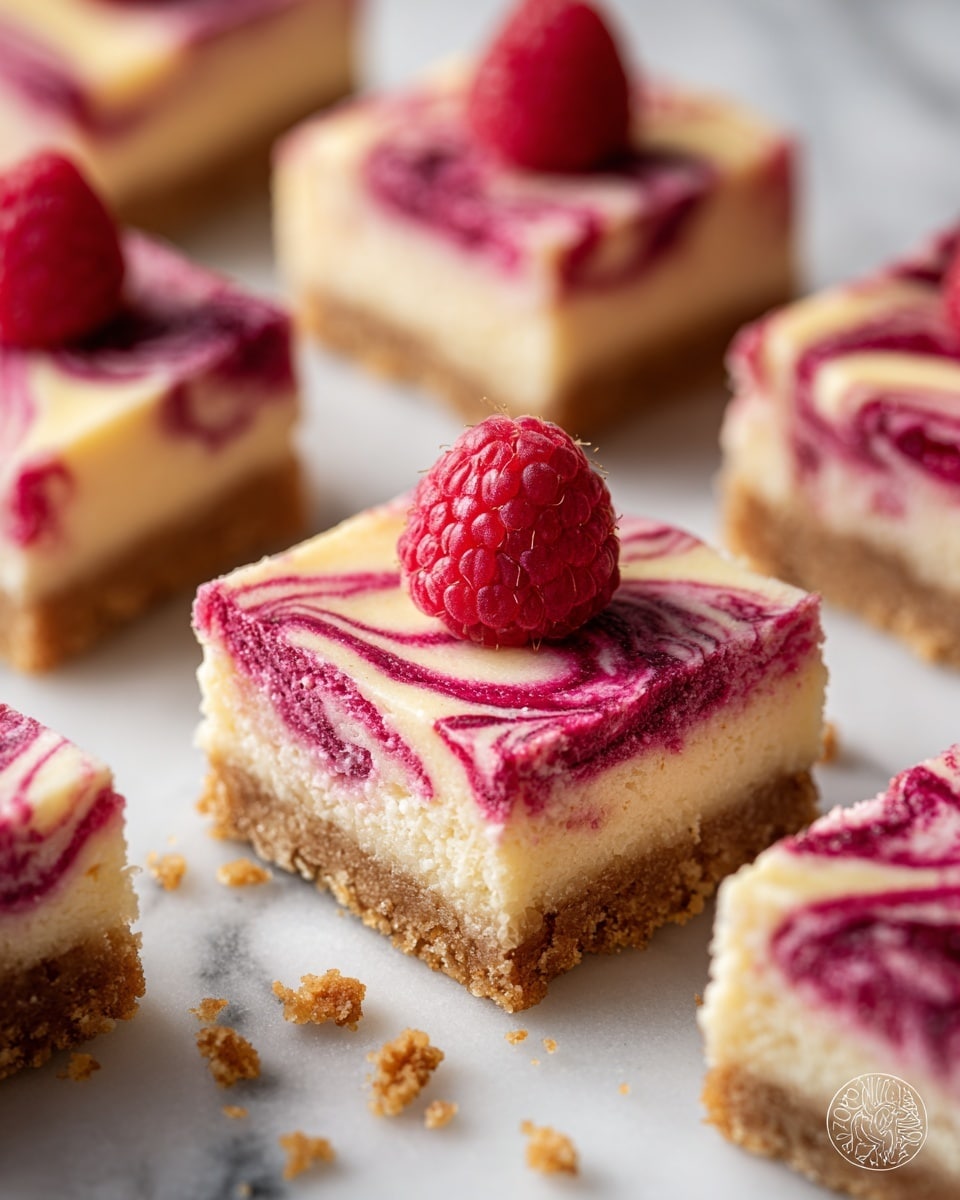The image shows lemon raspberry swirl bars cut into square pieces, each with three layers: a light brown crumbly base at the bottom, topped by a creamy pale yellow lemon layer with a smooth texture, and a bright red raspberry swirl gently mixed into the lemon layer, creating a marbled effect with vivid red lines. Each bar is topped with a single fresh raspberry placed in the center, adding a textured, round, and slightly bumpy look. The bars are arranged neatly on a white plate, all against a white marbled background, giving the presentation a clean and fresh look. Photo taken with an iphone --ar 4:5 --v 7