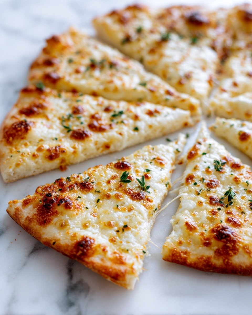 The image shows a close-up view of an expertly baked, golden-brown cheese pizza cut into thin, long triangular slices arranged neatly in rows. The pizza has a thick layer of melted, bubbly cheese with patches of golden spots from baking, and small bits of green herbs sprinkled evenly on top. The texture of the cheese looks creamy and smooth, while the crust underneath is slightly crispy yet soft, visible at the edges of some slices. The pizza is placed on a white marbled surface. Photo taken with an iphone --ar 4:5 --v 7