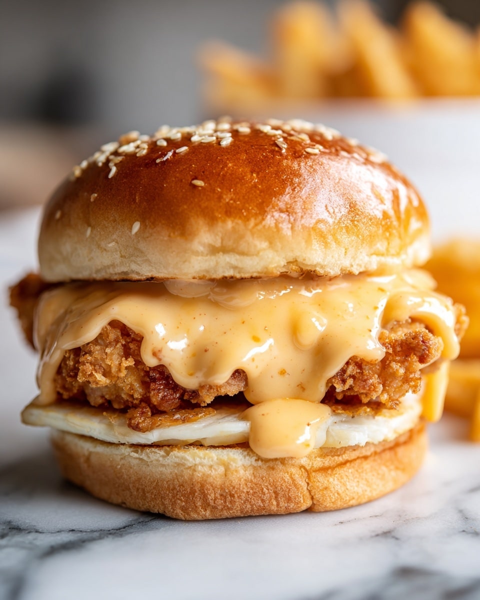 A close-up of a small sandwich with four layers: at the bottom, a soft, light brown sesame seed bun; above it, a slice of white melted cheese slightly folded; next, a crispy, golden-brown fried chicken patty; topped with a thick, creamy light orange sauce that drips over the sides; finished with a shiny, golden-brown sesame seed bun on top. The sandwich sits on a white marbled surface with some blurred fried chips in the background. photo taken with an iphone --ar 4:5 --v 7