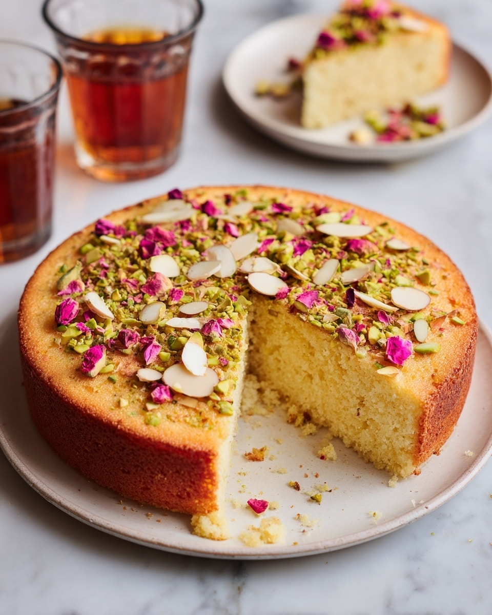 A round, single-layer cake with a golden-brown outer edge and a moist, light yellow inside is shown with one slice cut out. The top layer is decorated with scattered green slivers of pistachios, white almond slices, and small pink rose petals, giving it a colorful and textured look. The cake sits on a simple white plate, with a few crumbs around the cut edge. In the background, there are two glasses with a dark amber drink on a white marbled surface. photo taken with an iphone --ar 4:5 --v 7