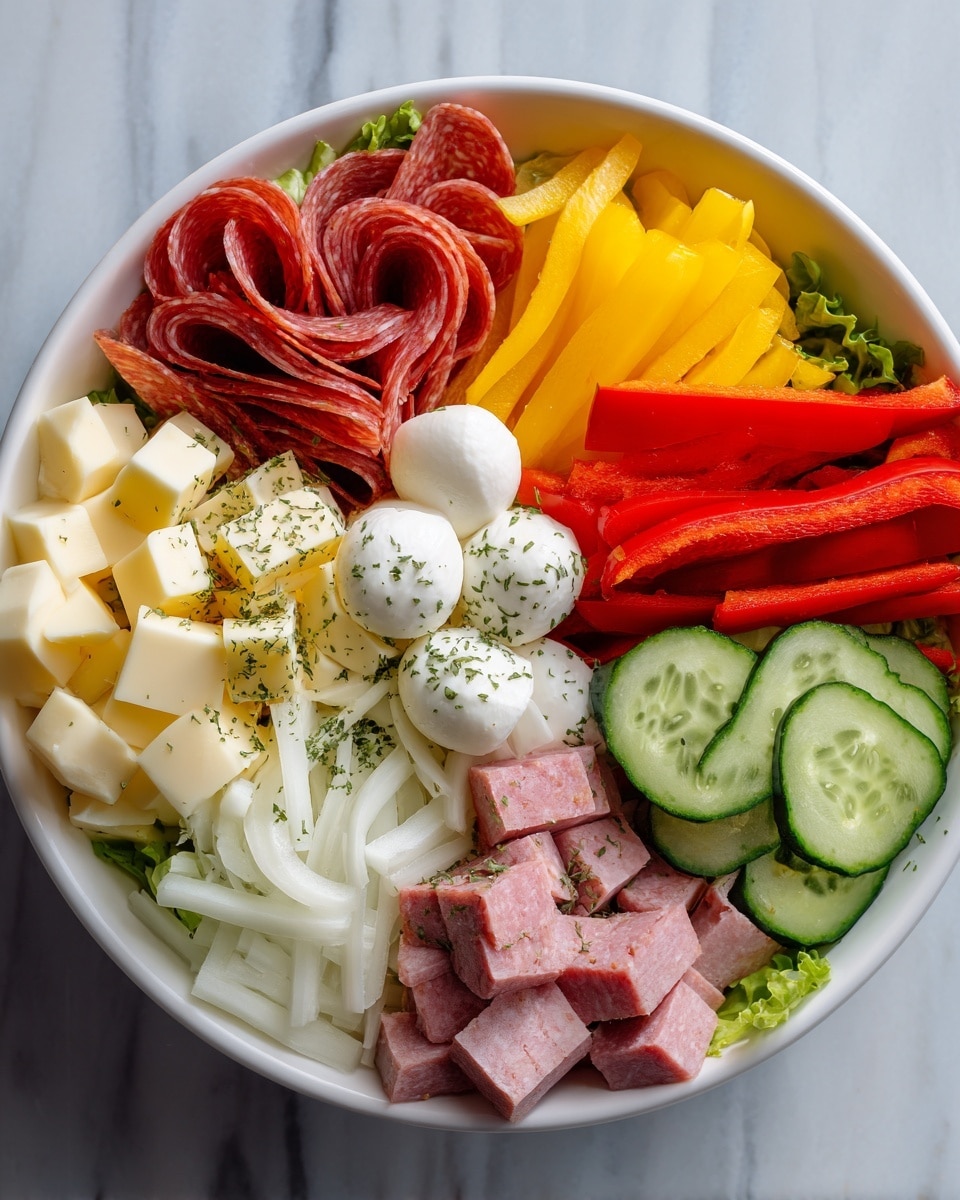 A round white bowl filled with a colorful layered salad. Starting at the top left, there are thin, curly slices of red meat. Next, bright yellow pepper slices form a small pile. To the right, long red strips of bell pepper are placed. Below them are smooth white mozzarella balls. Sliced cucumber rounds with a fresh green color are at the bottom right. In the center, small cubes of light yellow cheese sit next to the cucumber. Below the cheese, thin white onion slices cover a section. In the bottom left, there are small pale cubes of cheese, and next to them, thin square pieces of pink salami are neatly arranged. The ingredients are sprinkled with green dried herbs, all sitting on a bed of green lettuce, against a white marbled background. photo taken with an iphone --ar 4:5 --v 7