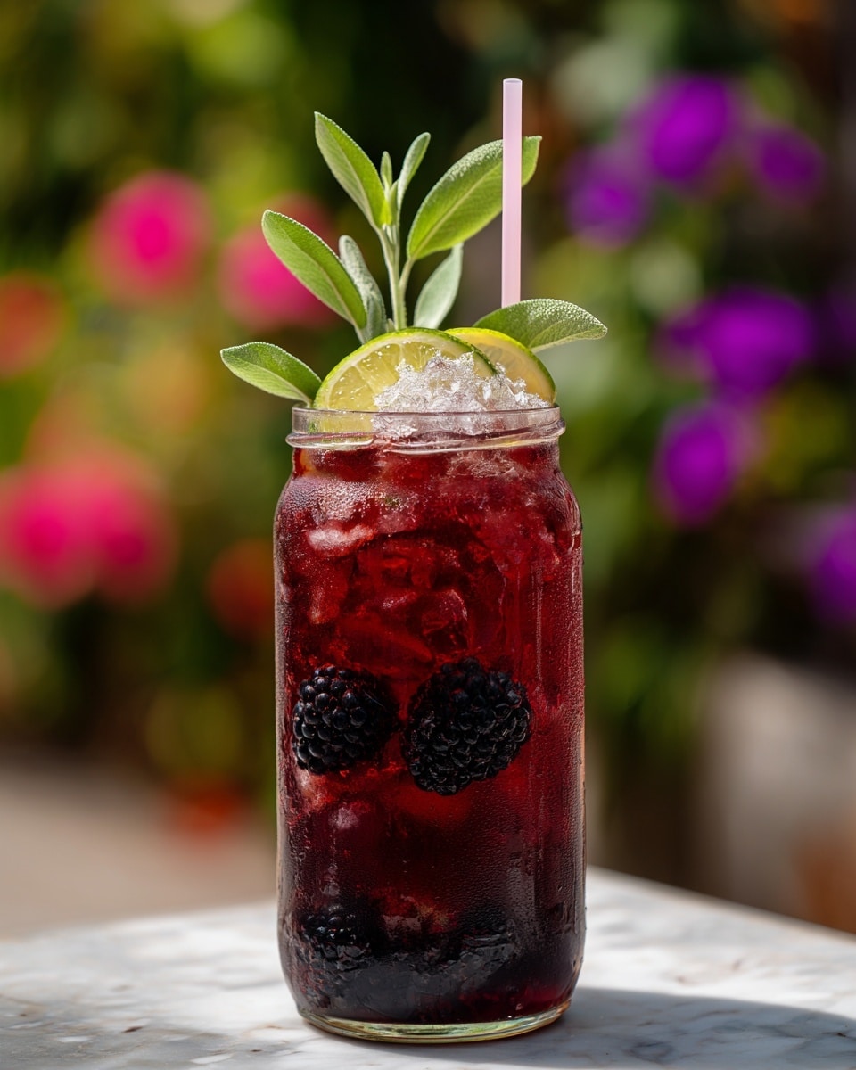 A tall clear glass jar filled with deep red iced tea contains whole blackberries and dark green sage leaves floating inside. There are several slices of pale yellow lemon placed vertically inside the drink, adding a bright contrast. On top, crushed pink ice crowns the jar with a sprig of fresh green mint standing upright. A pink straw is inserted in the jar on the right side. The jar is set against a blurred green and colorful floral background with purple flowers in the foreground on a white marbled surface. photo taken with an iphone --ar 4:5 --v 7