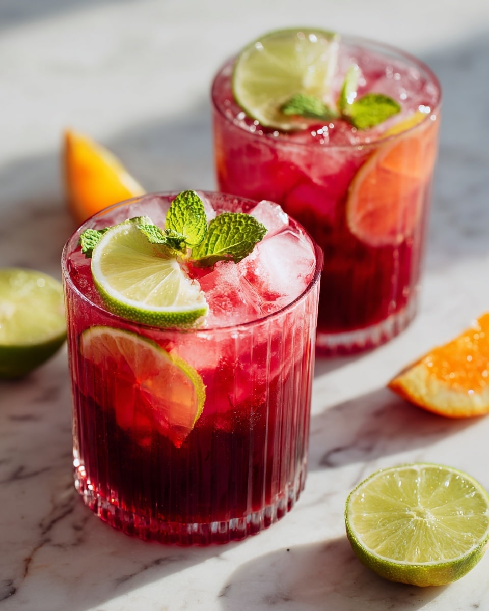 The image shows two clear, ridged glasses filled with a bright red drink. Each glass has three main layers: at the bottom, there are slices of light pink fruit, the middle layer is the deep red liquid, and the top layer has small green mint leaves floating. Each glass is decorated on the rim with a bright green lime wheel. The glasses are placed on a white marbled surface, with a few lime and orange wedges scattered around. The lighting is soft, highlighting the refreshing look of the drink. Photo taken with an iphone --ar 4:5 --v 7