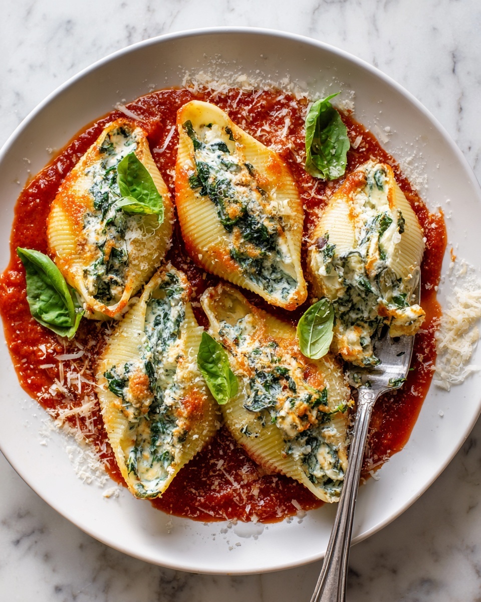 A white plate holds four large pasta shells on a bright red tomato sauce base. Each pasta shell is filled with a creamy white ricotta and spinach mixture with a slightly browned, crispy top layer. The shells have ridged textures and are arranged with a fresh green basil leaf as garnish in the center. One pasta shell is being lifted by a shiny silver fork from the right side of the plate. The dish sits on a white marbled surface with a blurred bowl of shredded cheese and a block of cheese in the background. photo taken with an iphone --ar 4:5 --v 7