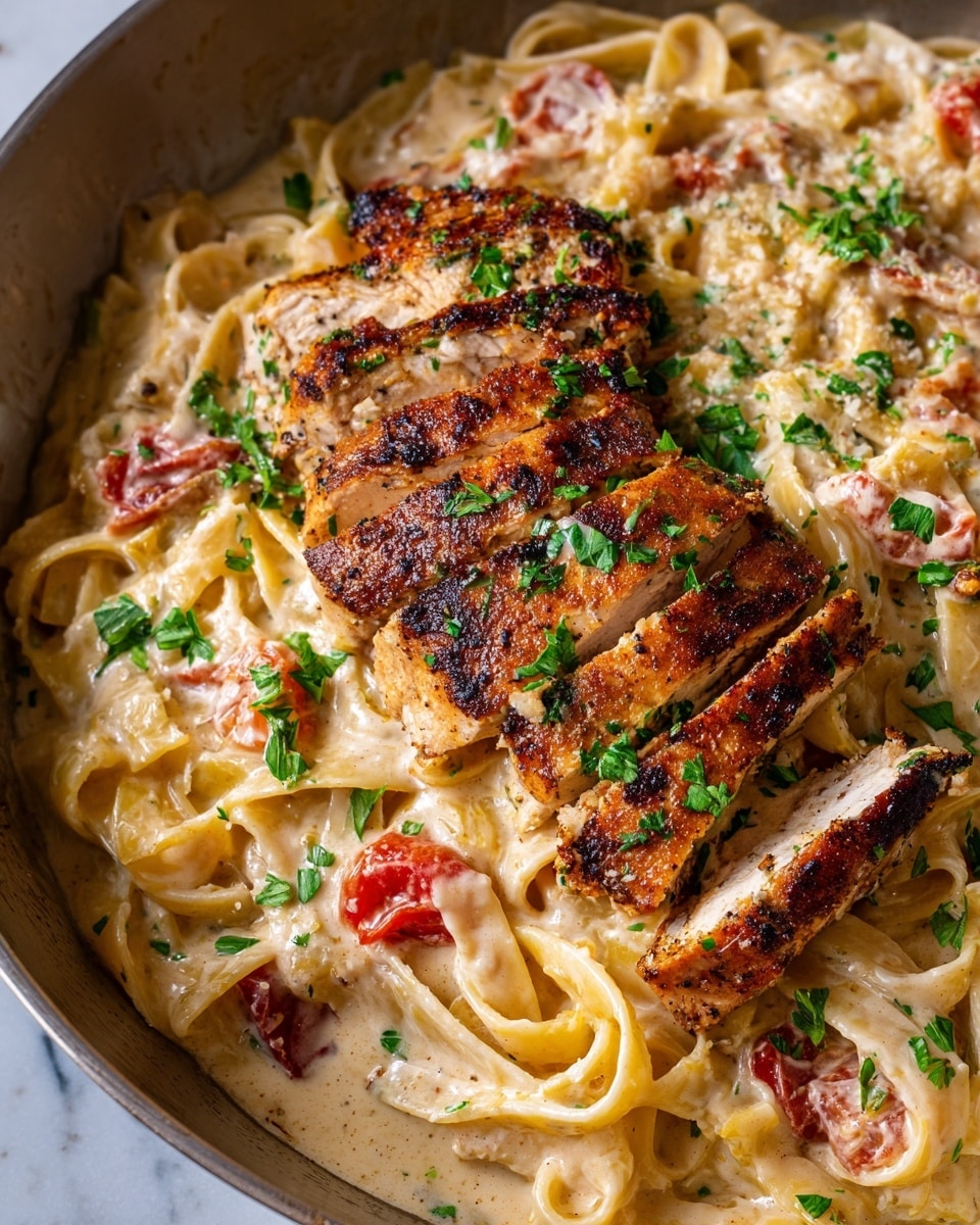 A close-up view of a creamy pasta dish in a white pan, showing one layer of wide pasta coated in a light brown creamy sauce with small red tomato pieces scattered around. On top of the pasta, there are sliced grilled chicken pieces with charred, dark brown grill marks, arranged mainly on the right side. The dish is sprinkled with fresh chopped green parsley and white shredded cheese, adding contrast and texture. The background shows a white marbled surface that adds brightness to the image. Photo taken with an iphone --ar 4:5 --v 7