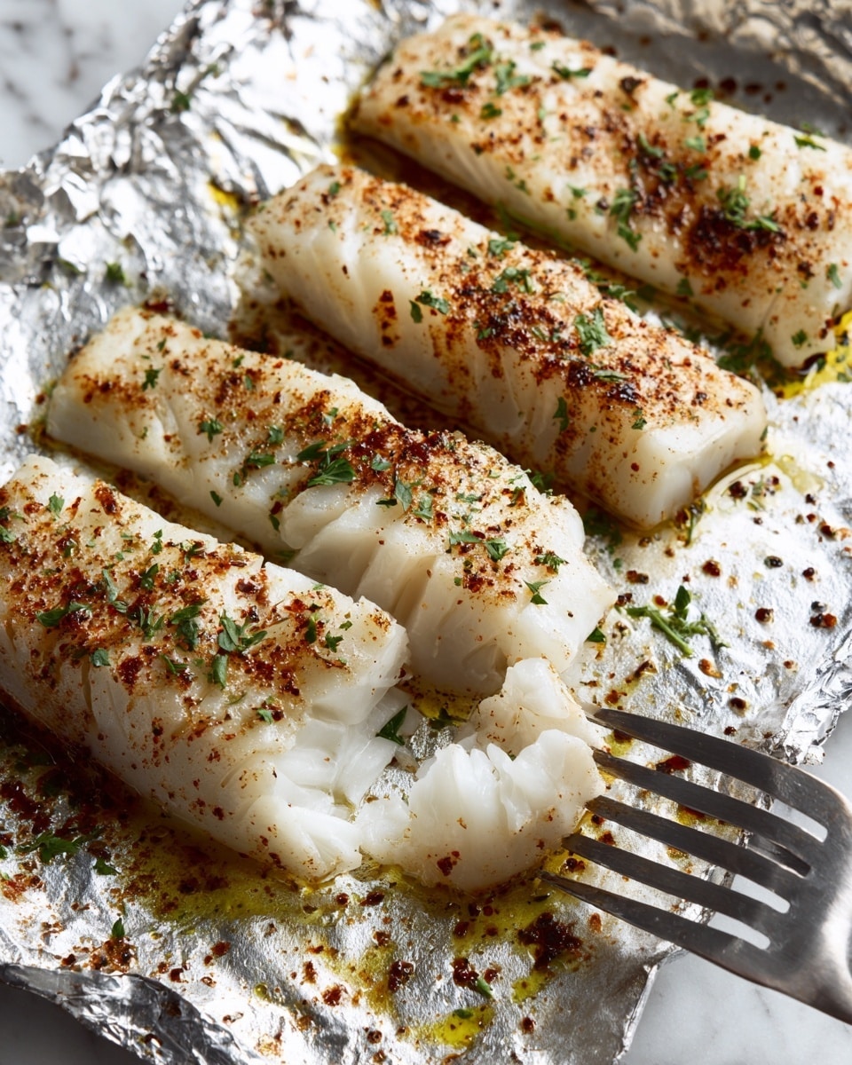 Four pieces of cooked white fish fillets lay on crinkled silver foil, each fillet topped with a golden-brown spice layer and sprinkled with small green herb flakes. The fish fillets have a flaky texture, especially visible where a black metal fork pulls apart one piece in the lower left corner. There are glistening drops of melted butter around the fillets adding shine, and the foil underneath reflects light with a mix of yellows and whites. The whole scene sits on a white marbled texture surface. photo taken with an iphone --ar 4:5 --v 7