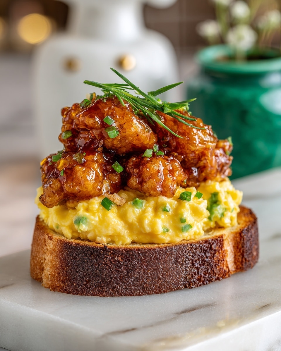 The image shows a close-up of a single appetizer made of three main layers. The bottom layer is a round, golden-brown toasted bread with a slightly crispy texture. On top of the bread is a thick, creamy scrambled egg layer with a light yellow color, sprinkled with finely chopped green herbs and a dusting of red seasoning for color contrast. The top layer features a shiny, glazed fried chicken piece that is golden brown with a slightly sticky surface and specks of herbs. The background is a white marbled surface with a blurred green can and a small doll figurine behind. The photo taken with an iphone --ar 4:5 --v 7