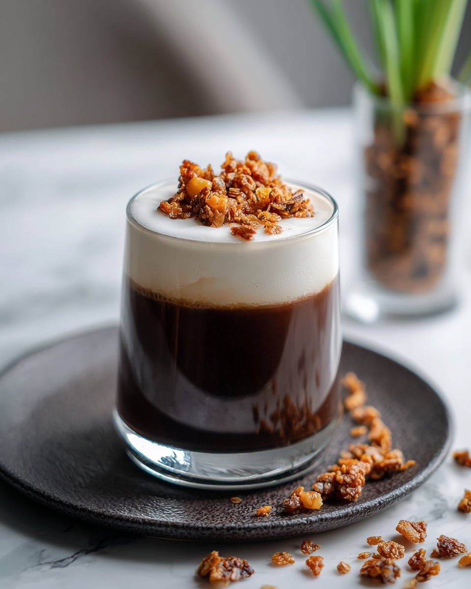 A tall clear glass filled with three visible layers: a dark brown, textured bottom layer with a slightly rough surface, a thick, creamy white middle layer that is smooth and thick, and a topping of small, round, light brown crunchy cereal pieces scattered all over the top. The glass sits on a round black plate with a textured surface, placed on a white marbled texture. In the background, a jar filled with the same cereal and a small blurred green plant can be seen. Photo taken with an iphone --ar 4:5 --v 7