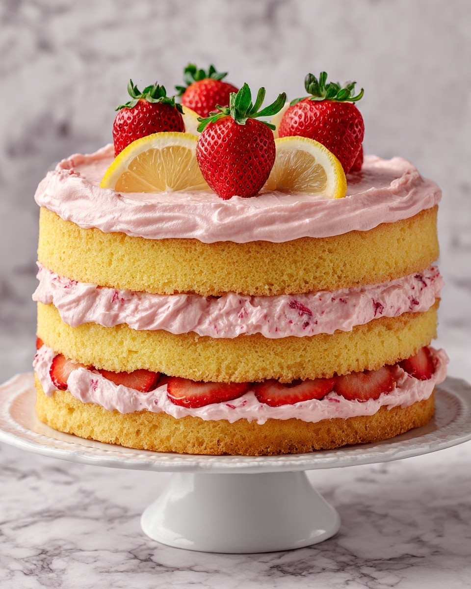 A three-layer sponge cake with light yellow sponge layers separated by thick, creamy pink frosting mixed with small strawberry pieces. The middle layer shows visible strawberry slices embedded in the pink cream. The top layer is covered with a smooth spread of pink frosting, adorned with four whole fresh strawberries placed in the center, and two lemon slices tucked behind the strawberries. The cake sits on a white cake stand against a white marbled background. Photo taken with an iphone --ar 4:5 --v 7