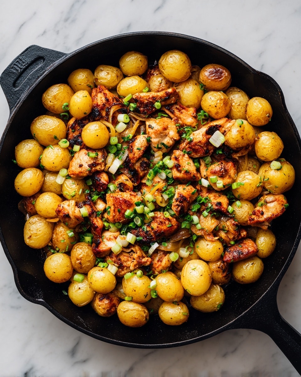A large black pan filled with crispy roasted chicken drumsticks and golden baby potatoes, garnished with fresh green herbs sprinkled on top. The chicken pieces have a browned, slightly crunchy skin, and the potatoes are roasted until soft with a light golden color. The pan is placed on a white marbled surface with soft natural light coming from the background, adding warmth to the colors. Photo taken with an iphone --ar 4:5 --v 7