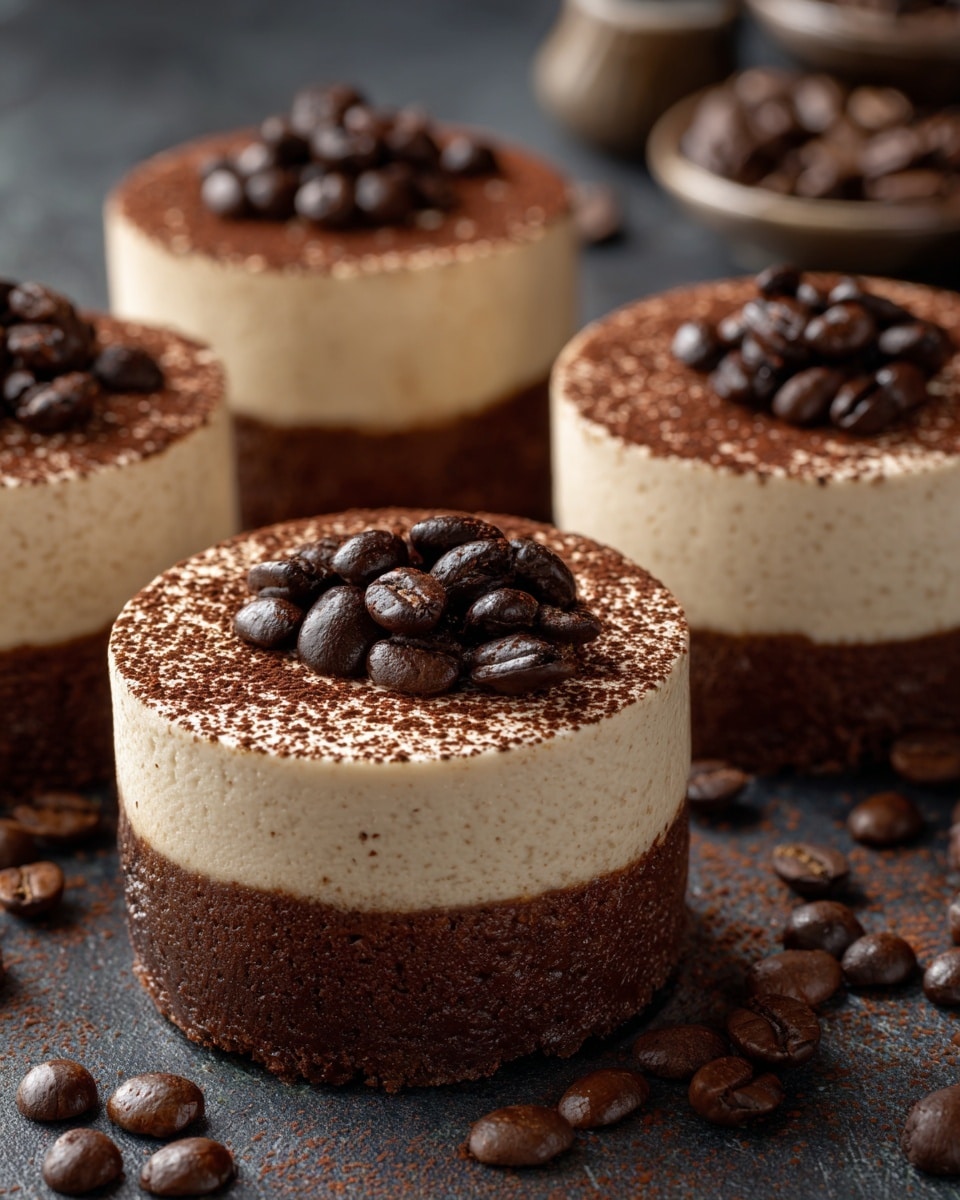 The image shows four round desserts each with two layers: a thick dark brown bottom layer and a smooth light beige top layer. The top is dusted with cocoa powder on one side and decorated with a small pile of shiny dark brown coffee beans in the center. The desserts are placed on a dark surface scattered with more coffee beans and cocoa powder spots. The background is softly blurred with dark tones and some out-of-focus bottles or containers. Photo taken with an iphone --ar 4:5 --v 7