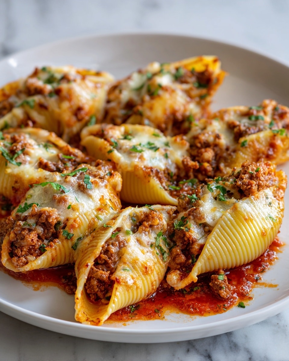 A white plate holds seven large pasta shells arranged closely together, each shell filled generously with a chunky mixture of ground meat and tomato sauce. The pasta shells are golden yellow with ridged textures on the outside, while the meat filling is rich brown with red tomato bits. On top of each filling is a layer of melted white cheese that has browned slightly in places, adding a bubbly and gooey texture. Small green herbs are sprinkled over the cheese, giving a fresh contrast in color. The plate rests on a white marbled surface, and the sauce pools around the shells, shining under light. Photo taken with an iphone --ar 4:5 --v 7