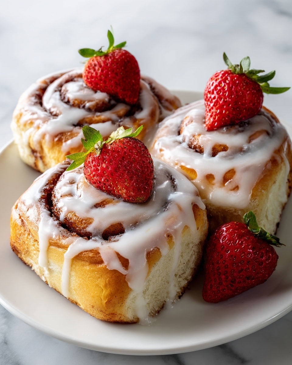 The image shows three cinnamon rolls placed closely together on a white plate, each roll having a soft golden-brown outer layer. The cinnamon swirls inside are dark brown and thick, clearly visible in a spiral pattern. White icing is drizzled generously over the top of each roll, slightly dripping down the sides. On top of each cinnamon roll sits a fresh red strawberry with green leaves, adding a fresh contrast to the baked pastries. The plate is set on a white marbled surface. Photo taken with an iphone --ar 4:5 --v 7