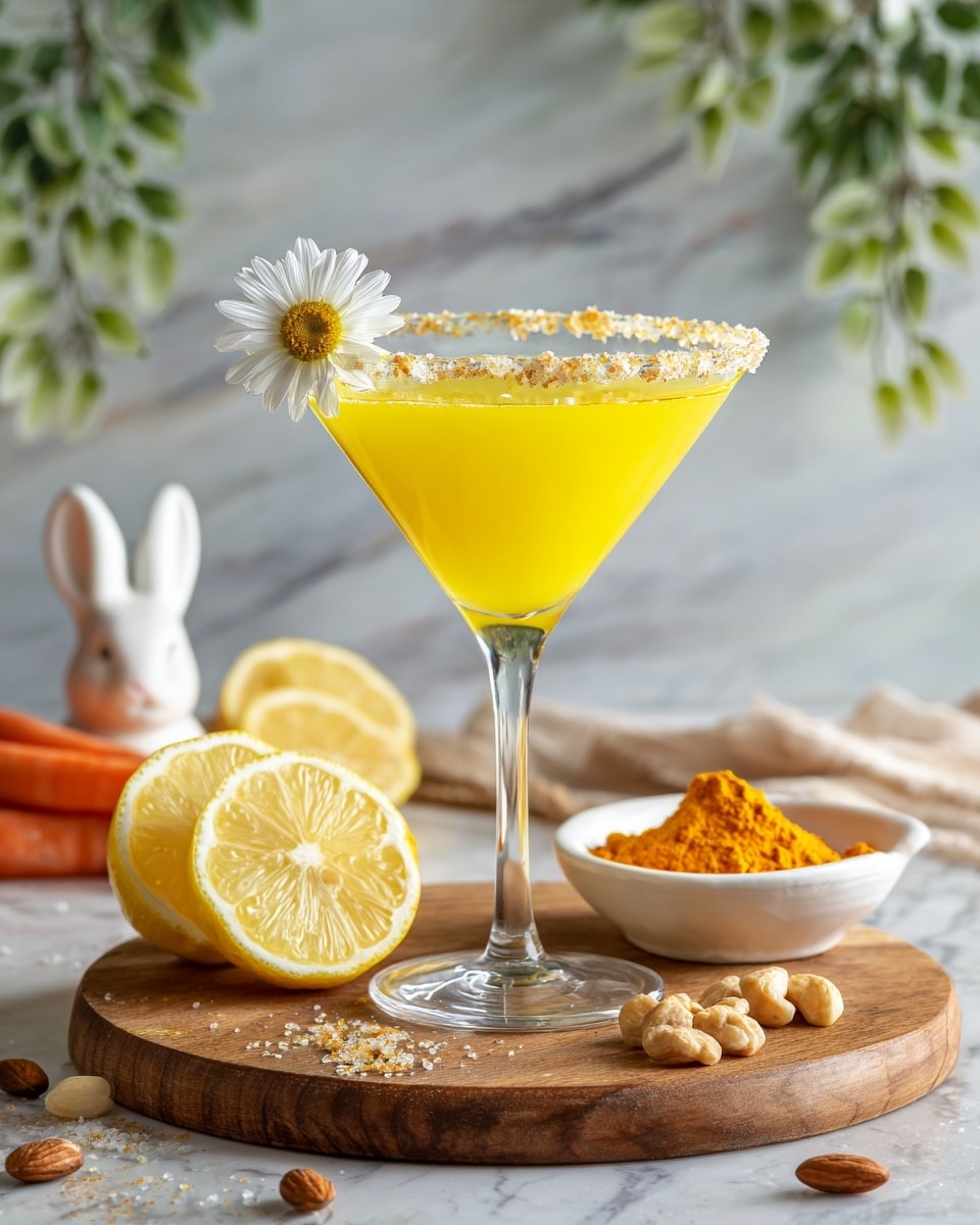 A tall, clear martini glass filled with a bright yellow drink topped with small white flower petals and a thin peel of lemon on the rim. The glass has a rim coated with sugar. The drink sits on a round wooden board surrounded by whole and sliced lemons, green seeds, orange carrots, a small white ceramic bunny, and two bottles of yellow and blue liquids. The surface underneath is a white marbled texture with soft lighting. Photo taken with an iphone --ar 4:5 --v 7