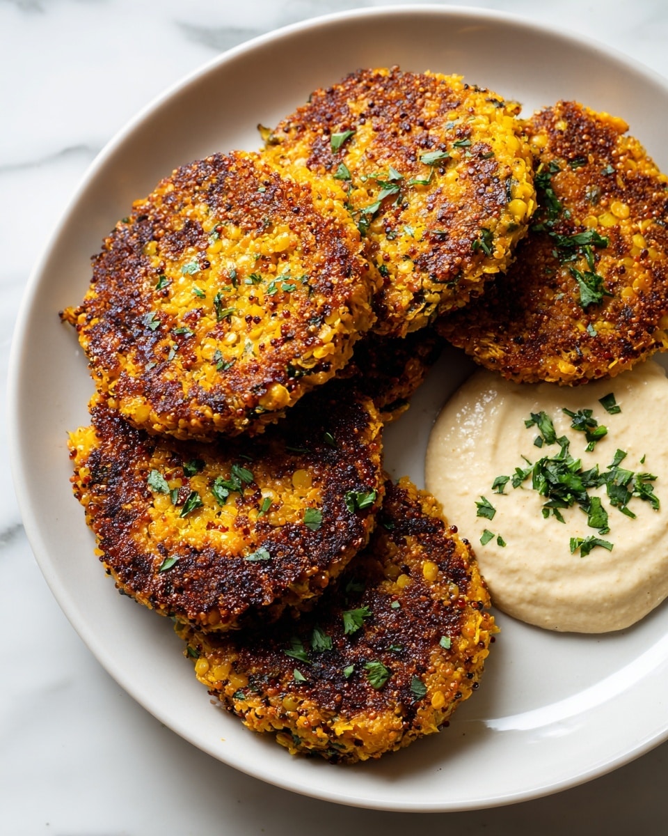 A white plate holds five round patties made from small yellow lentils mixed with green herbs, each patty showing a crispy, browned surface with visible grains and bits of green. The patties have a textured, slightly rough appearance and are stacked slightly overlapping, with the front patty in clear focus. In the middle of the plate is a dollop of smooth, pale cream topped with small chopped green herbs. The background is a white marbled texture, and the lighting highlights the warm orange-yellow and green colors of the lentil patties. Photo taken with an iphone --ar 4:5 --v 7