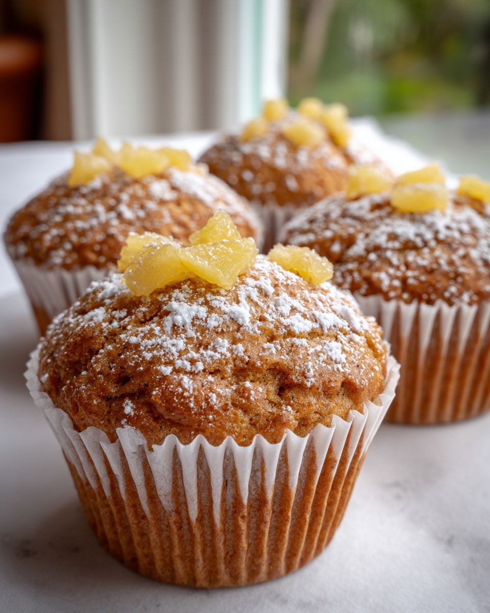 A close-up view of a single golden brown muffin with a slightly rough texture, topped with several small white chunky fruit pieces that look juicy and soft, sprinkled lightly with white powdered sugar. The muffin sits on a white marbled surface with three more muffins blurred in the background, each showing similar texture and toppings. The muffin liner is white with vertical ridges, complementing the muffin’s warm color. The overall lighting highlights the moist texture and sugary topping, with a soft-focus background giving depth to the image. photo taken with an iphone --ar 4:5 --v 7