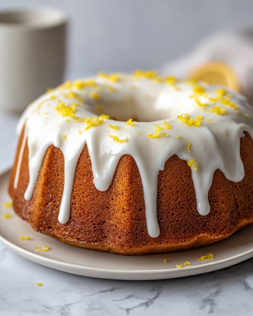 A round bundt cake with one slice cut out shows a golden yellow inside with a soft, moist texture, while the outside has a darker golden brown crust. The cake is topped with a thick layer of white glaze that drips down the sides, pooling slightly on the white plate beneath. Small yellow sprinkles are scattered over the glaze, adding a touch of color and texture. The scene is set on a white marbled surface with blurred lemons and a white salt or pepper shaker in the background. photo taken with an iphone --ar 4:5 --v 7