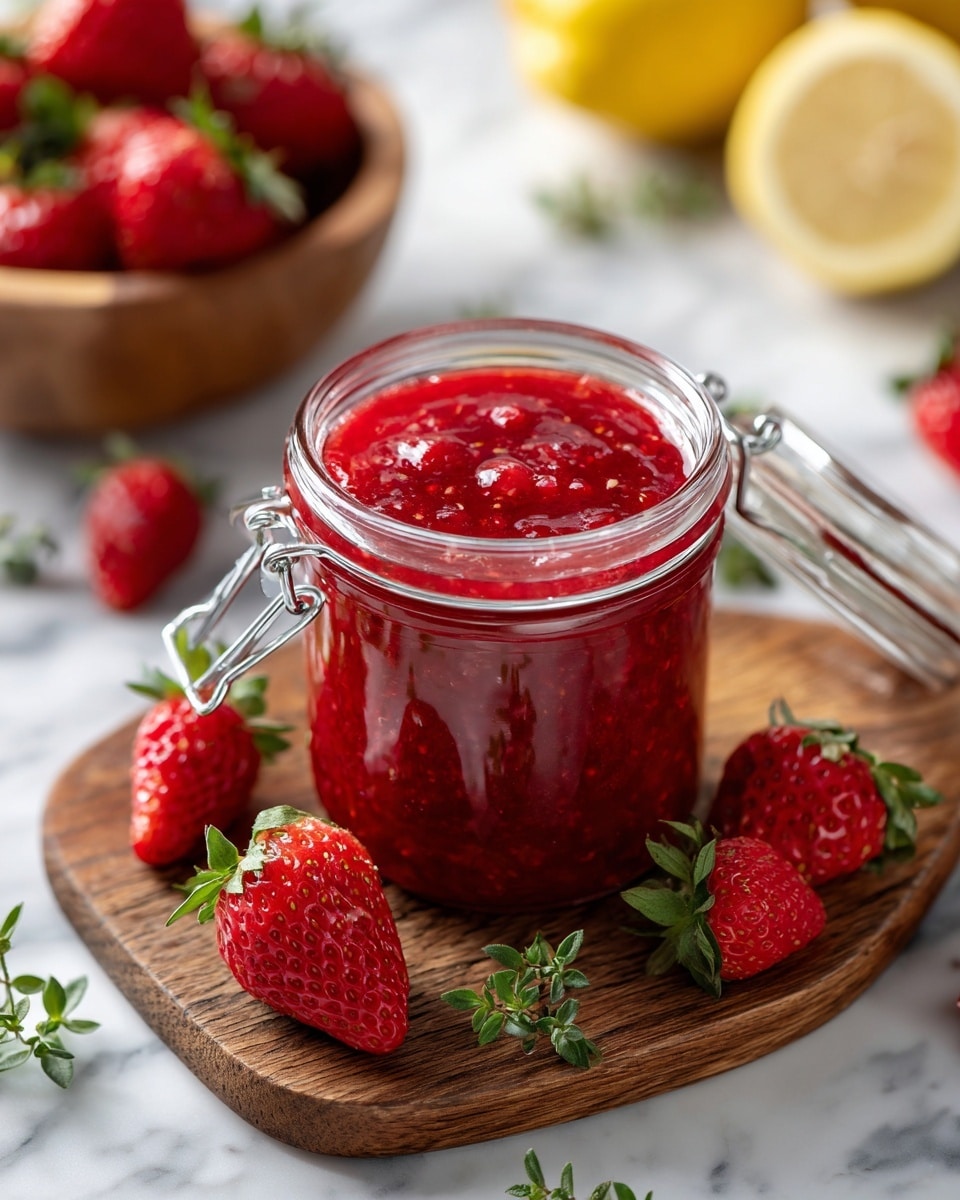 A clear glass jar filled with glossy, thick red strawberry jam with visible strawberry seeds and small fruit pieces inside sits on a wooden board. Around the jar are fresh, bright red strawberries with green leaves, some whole and some cut, along with green dill sprigs adding contrast. The jar's silver metal clasp is open, and a white marbled texture is underneath, highlighting the rich colors of the jam and strawberries. Photo taken with an iphone --ar 4:5 --v 7