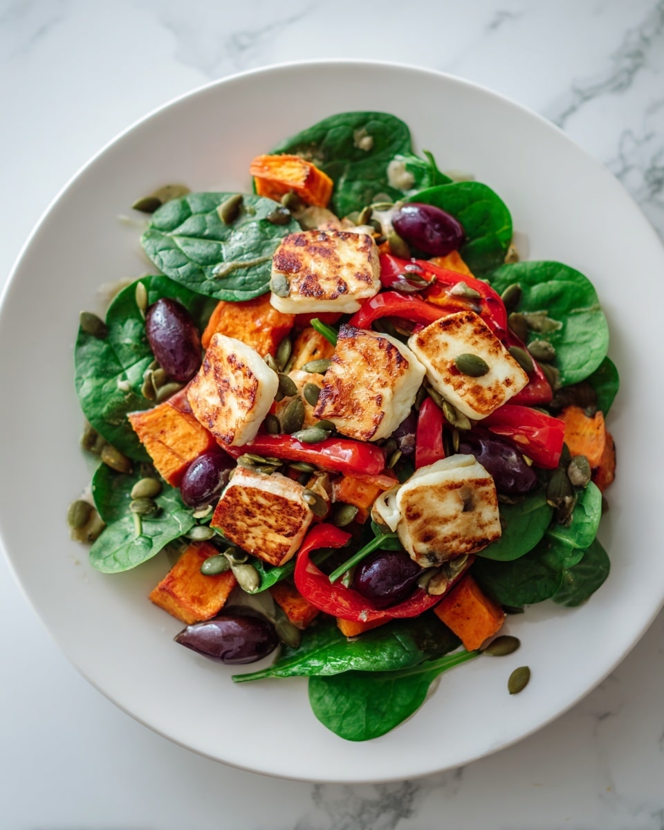 A white bowl filled with a colorful salad, showing three main layers: a base of fresh green spinach leaves with smooth texture, followed by lightly charred cubes of orange sweet potato and white halloumi cheese with golden brown edges, mixed with sliced red bell peppers and deep purple Kalamata olives. The salad is topped with small, round green pumpkin seeds scattered evenly. The dish is set on a white marbled surface, and soft natural light highlights the freshness and slight glossiness of the ingredients. photo taken with an iphone --ar 4:5 --v 7