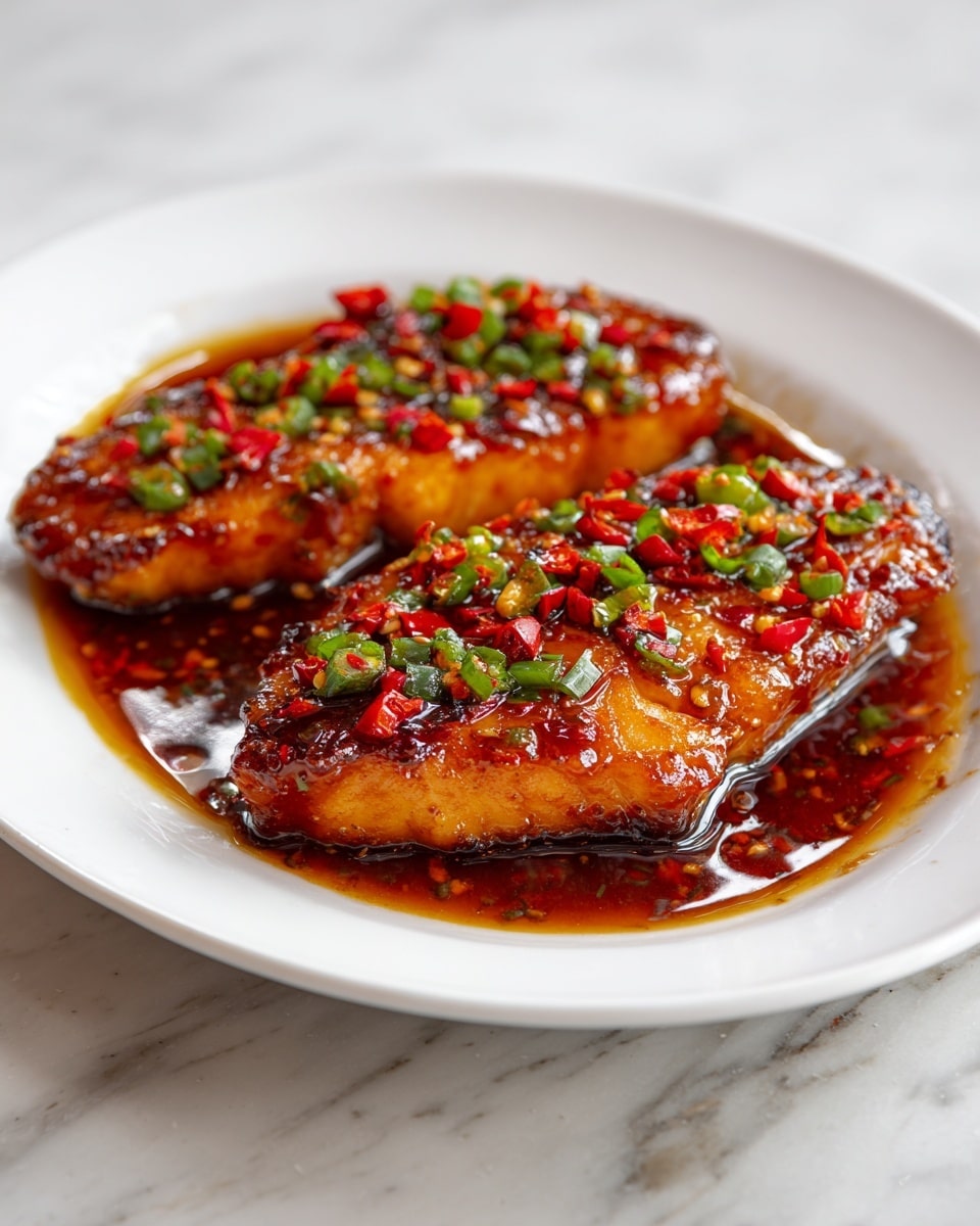 Two golden-brown cooked fish fillets with a shiny, sticky glaze sit side by side on a white plate. The glaze is thick and glossy, with visible bits of red chili and finely chopped green onions scattered over the top. The fish has a slightly crispy texture on the edges, and the surface shows juicy flakes of tender fish beneath the glaze. The plate rests on a white marbled surface. photo taken with an iphone --ar 4:5 --v 7