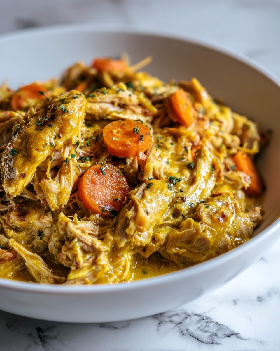 The image shows a close-up of a dish with several layers of shredded chicken coated in a thick yellow sauce. Mixed within the chicken are round orange carrot slices, and the dish is sprinkled with small green herbs across the top. The texture of the chicken looks soft and juicy, while the sauce gives a glossy finish. The food is placed in a white bowl on a white marbled surface. photo taken with an iphone --ar 4:5 --v 7