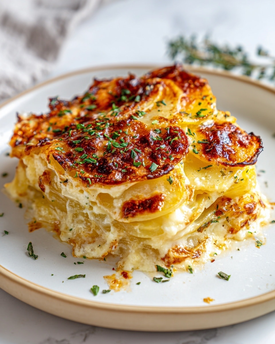 A golden-brown slice of layered potato gratin is placed in the center of a white plate, showing about six thin layers of soft, creamy potato slices topped with a crispy, browned cheese crust with slightly charred edges. Small green herb bits are sprinkled over the top, adding a fresh contrast to the warm, rich colors of the dish. The plate is set on a white marbled surface, adding brightness and elegance to the scene. Photo taken with an iphone --ar 4:5 --v 7