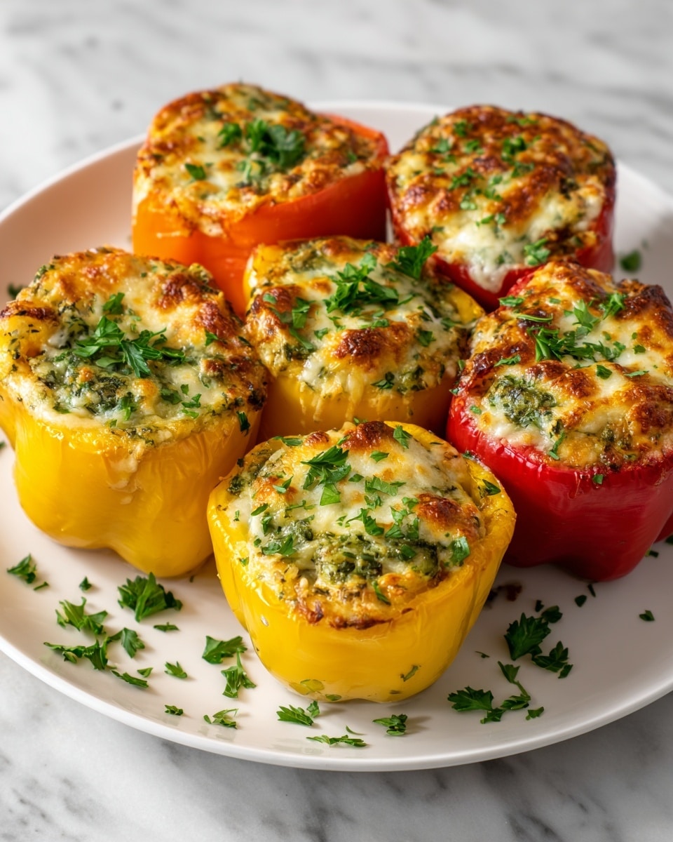 Seven stuffed bell pepper halves are arranged on a white round plate, placed on a white marbled textured surface. The peppers show a mix of red, yellow, and green colors, each filled with a creamy white cheese or filling topped with green pesto, herbs, and a light golden brown crust. The filling looks slightly bubbly and charred in spots, giving a roasted texture. Fresh green herb leaves are scattered both on the peppers and the plate for decoration. Photo taken with an iphone --ar 4:5 --v 7