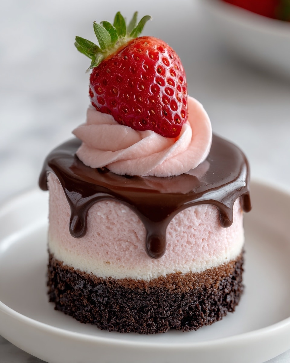 The image shows a small round dessert with three clear layers on a white plate sitting on a white marbled surface. The bottom layer is dark and crumbly like crushed chocolate cookies. The middle layer is thick, pink, and smooth like strawberry mousse. The top layer is shiny dark chocolate sauce that drips slightly down the sides. A swirl of light pink cream sits on top of the chocolate sauce, and a whole strawberry dipped in glossy dark chocolate rests on the cream. A woman's hand is gently holding one of the desserts. photo taken with an iphone --ar 4:5 --v 7