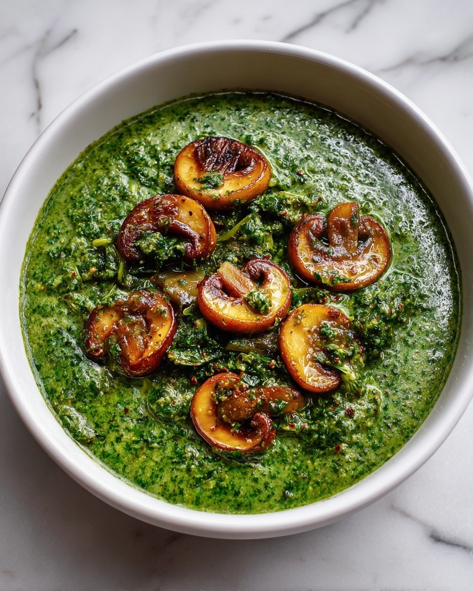 A close-up of a creamy spinach and mushroom dish in a rustic pot. The base layer is bright green, thick spinach sauce with a smooth texture. On top, several sliced mushrooms with a golden-brown color are scattered, slightly sunken into the spinach. The spinach sauce has finely chopped herbs mixed in, giving it a speckled appearance. The pot is placed on a white marbled surface. Photo taken with an iphone --ar 4:5 --v 7