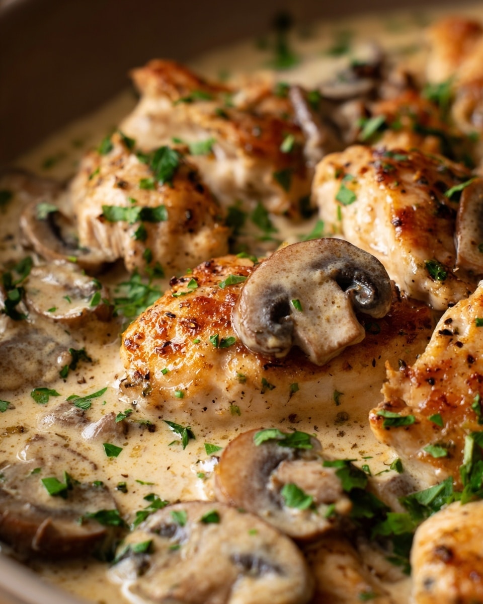 A close-up view of a creamy dish with several browned chicken pieces arranged irregularly across the frame. Between the chicken pieces, there are light brown, sliced mushrooms coated in a thick, smooth cream sauce with a beige tone. The sauce and chicken glisten with a slight shine, and finely chopped green herbs are scattered throughout, adding small pops of color. The texture appears rich and velvety with a mix of soft mushroom slices and crispy chicken skin. Photo taken with an iphone --ar 4:5 --v 7