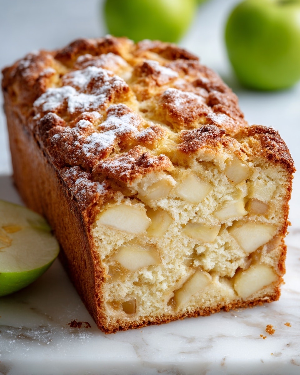 The image shows a loaf of apple bread with a golden brown crust and a soft inside full of apple pieces. The bread has two main layers: the top crust layer with a crumbly, slightly crisp texture and a light sprinkle of powdered sugar, and the thick inner layer filled with chunks of light cream-colored apples mixed into a soft, fluffy bread that is pale beige. The loaf is cut to show the apple chunks inside, sitting on a white marbled surface with some green apples blurred in the background. Photo taken with an iphone --ar 4:5 --v 7