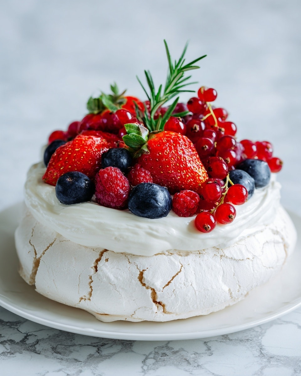 The image shows a pavlova dessert with one large, round layer of crisp, white meringue that has a slightly cracked texture. On top, there is a thick, soft layer of white whipped cream spread evenly. The cream is topped with a mix of fresh red raspberries, strawberries, and red currants, along with a few dark blue blueberries, creating a colorful contrast. A small sprig of green rosemary adds a fresh touch in the center. The dessert sits on a white marbled surface. Photo taken with an iphone --ar 4:5 --v 7