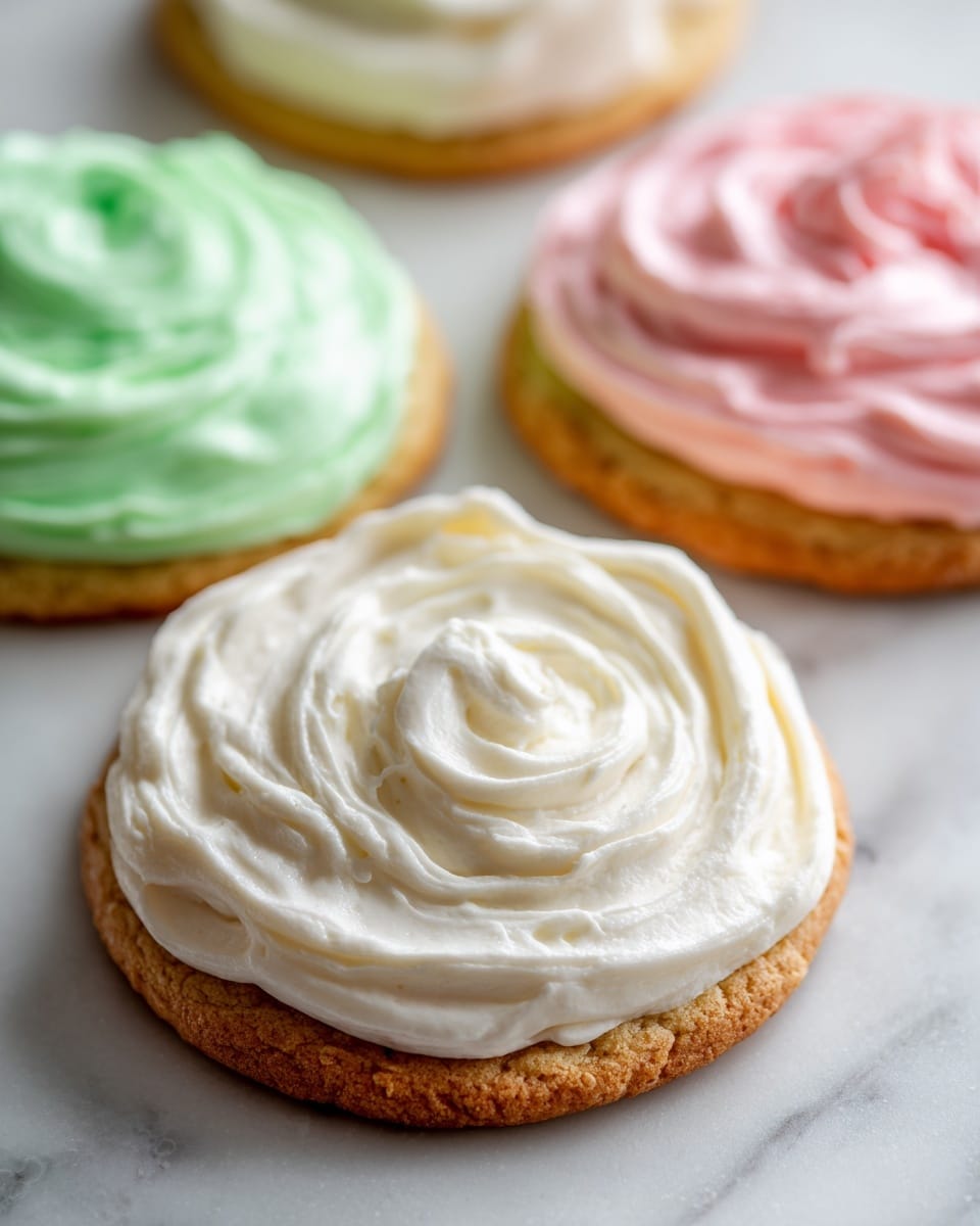 A close-up of three round cookies on a white marbled surface, each topped with a thick, smooth swirl of frosting. The cookie in the front has a large, even layer of white frosting with soft swirls. Behind it, to the left, there is a cookie with bright pastel green frosting, also spread in a smooth swirl. To the back right, a cookie with pink frosting is visible, the pink color looking creamy and light, applied in the same swirl pattern. All cookies are golden brown with soft edges, and the frosting looks fluffy and glossy. Photo taken with an iphone --ar 4:5 --v 7