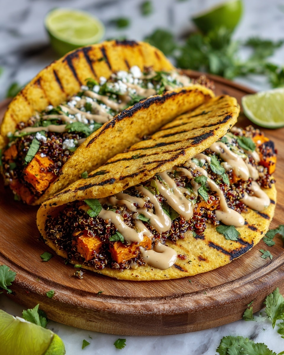 Two tacos are placed close together on a dark wooden round board, set against a white marbled textured surface. Each taco has a yellow corn tortilla that is charred slightly on the edges, giving a rustic look. The first layer inside the tortilla is a mix of red quinoa and light brown chickpeas, topped with bright orange roasted sweet potato cubes that have little char marks. Fresh green cilantro leaves are sprinkled over the sweet potato, followed by a light dusting of crumbled white cheese. Finally, a creamy orange sauce is generously drizzled across both tacos. There are lime wedges around the board, adding a fresh, green color contrast. photo taken with an iphone --ar 4:5 --v 7