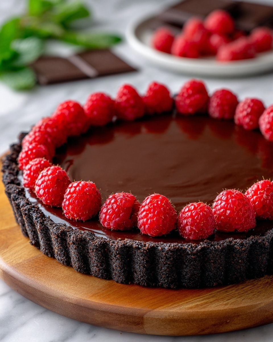 A chocolate tart sits on a round wooden board with a thick, dark crumbly crust forming the base and sides. The top layer is a smooth, shiny chocolate ganache filling with a glossy surface. Around the edge of the tart, fresh, bright red raspberries are evenly spaced, standing upright against the chocolate center. The background shows a white marbled texture beneath the wooden board. Photo taken with an iphone --ar 4:5 --v 7
