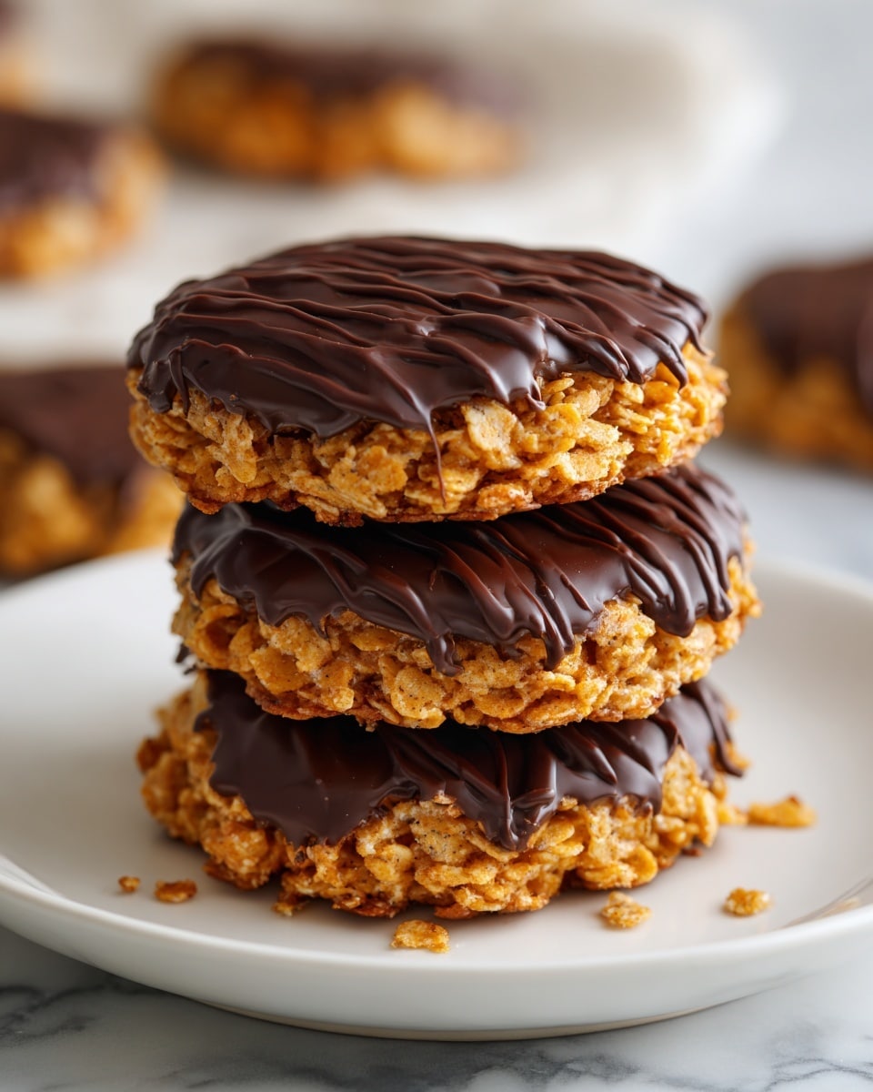 Three cookies are stacked on a white plate placed on a white marbled surface. Each cookie has two visible layers: the bottom layer is golden brown and textured with oats, looking crunchy and thick; the top layer is smooth, glossy dark chocolate with delicate drizzled lines across the surface. There are a few oat pieces scattered on the plate around the cookies. The background is softly blurred with warm tones, putting focus on the cookie stack. photo taken with an iphone --ar 4:5 --v 7