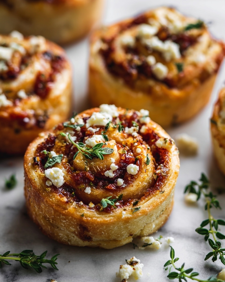 The image shows several golden-brown puff pastry pinwheels arranged closely together on a white marbled surface. Each pinwheel has a spiral shape with three visible layers: a flaky outer crust with a light golden color, a middle layer filled with bright red cranberry sauce, and a top layer sprinkled with crumbled white cheese and small sprigs of fresh green herbs. The pinwheels look crispy on the edges with soft fillings that add vibrant red and white contrasts against the warm crust. Photo taken with an iphone --ar 4:5 --v 7