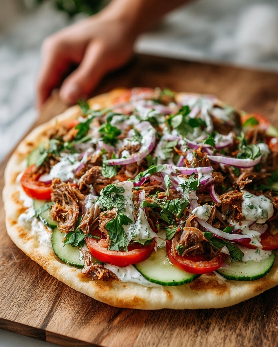 A white flatbread holds a colorful mix of food layers, starting with green cucumber slices and red tomato slices at the base, topped with a layer of shredded brown meat. On top of the meat, there are thin rings of purple onion and fresh green cilantro leaves. The dish is finished with a drizzle of white sauce that has small green herbs mixed in. Everything sits on a white marbled surface, and a white bowl with more white sauce is visible blurred in the background. Photo taken with an iphone --ar 4:5 --v 7