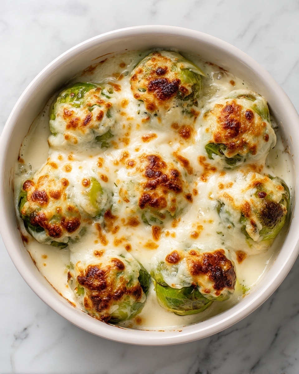A white round dish filled with baked Brussels sprouts covered in a golden, melted cheese layer. The cheese is browned on top with a bubbly texture, showing some crispy spots. The Brussels sprouts underneath are bright green and partially visible through the cheese. The dish is on a white marbled surface, and the cheese layer forms the top, while the green sprouts form the base underneath. Photo taken with an iphone --ar 4:5 --v 7