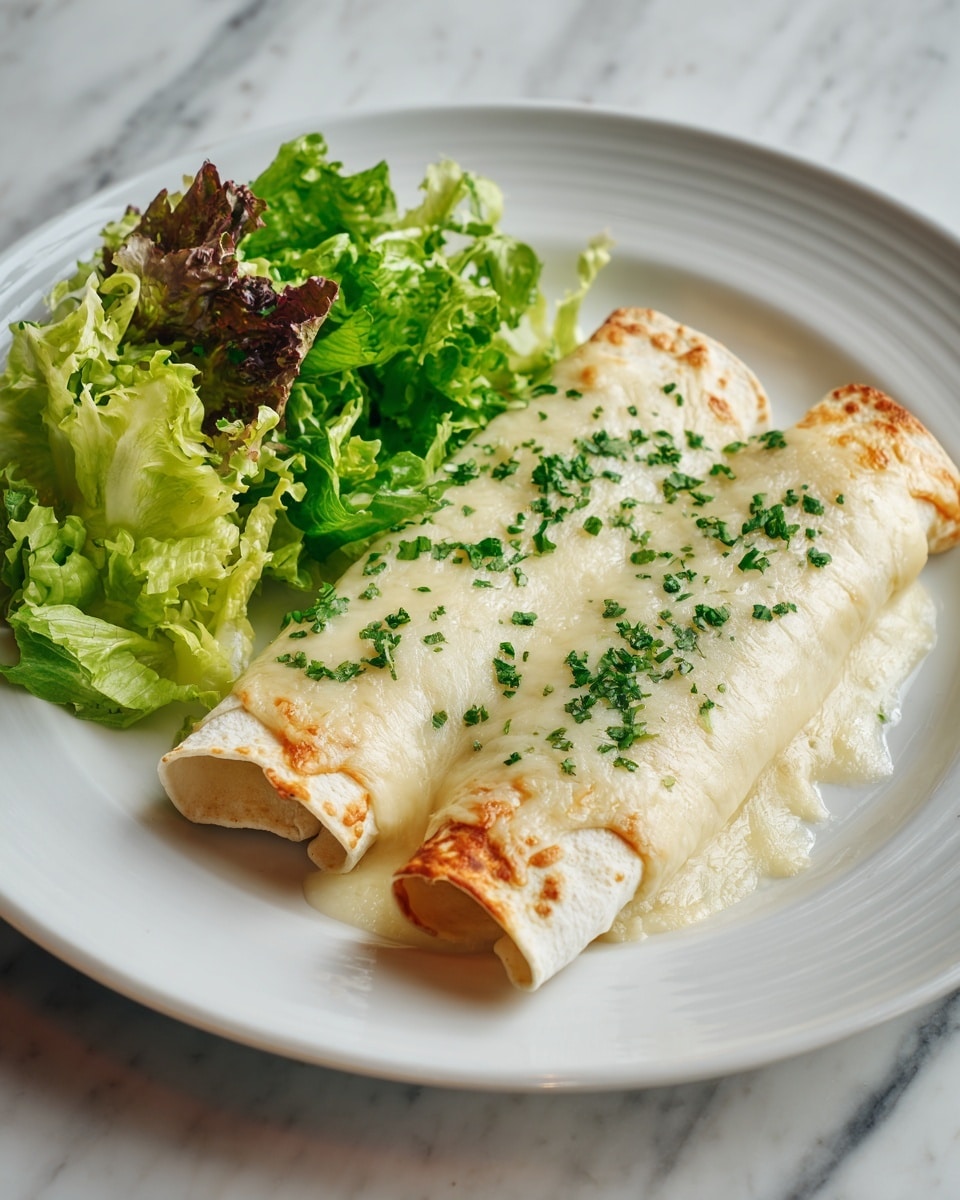 Two enchiladas lie side by side on a white plate, each rolled and covered with a thick layer of melted cheese that bubbles and browns slightly on top. The cheese is creamy white with small green specks of chopped herbs sprinkled evenly across the surface. The edges of the tortillas peek out slightly under the cheese, showing a soft, slightly toasted texture. A fresh green salad with mixed leafy greens is placed next to the enchiladas on the plate. The entire scene is set on a white marbled surface, photo taken with an iphone --ar 4:5 --v 7