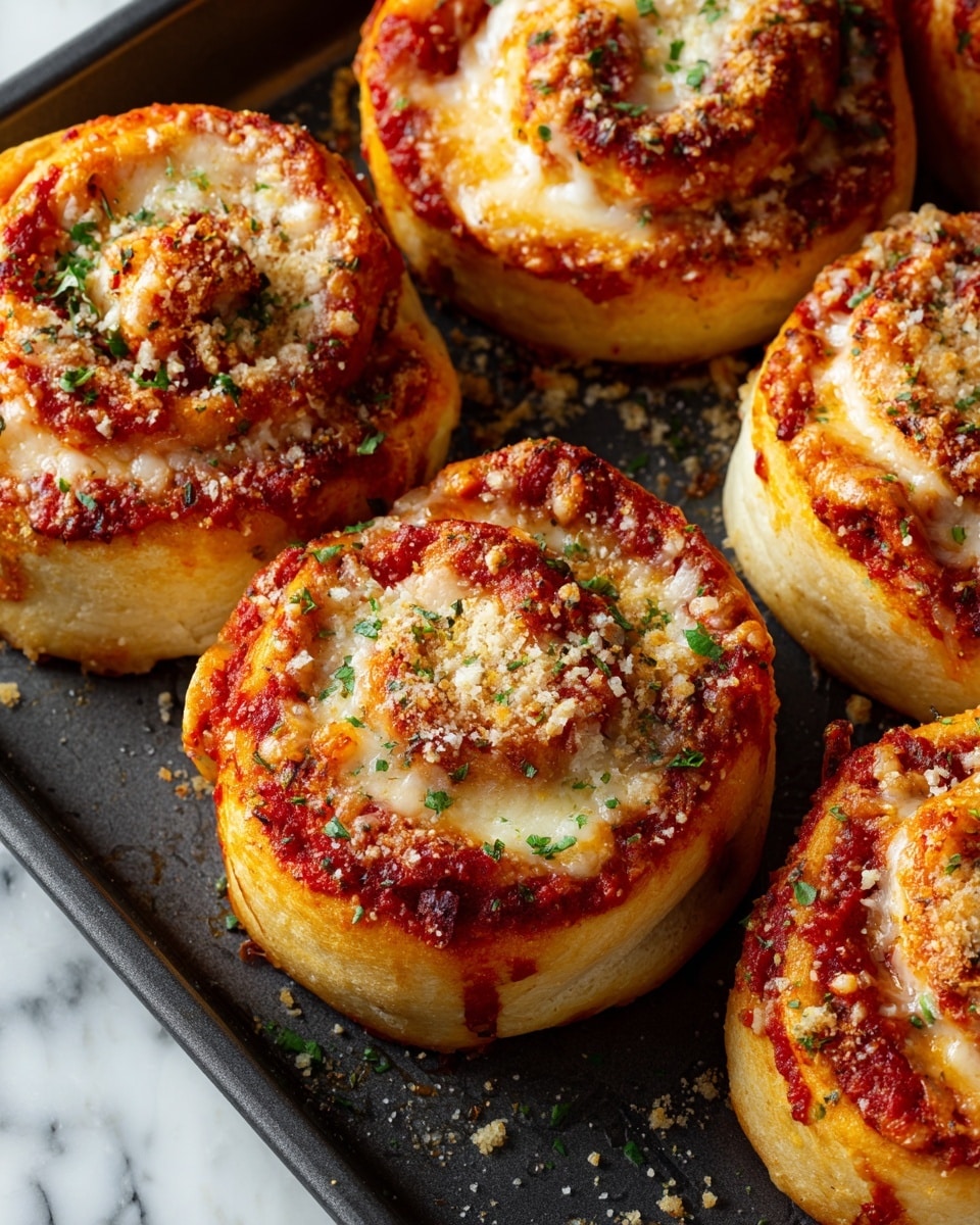The image shows several golden-brown crescent rolls on a black tray with a white marbled texture underneath. Each roll is wrapped around a filling and topped with bubbling melted white cheese that has a slightly toasted texture. A thick strip of red sauce runs down the center of each roll, contrasting with the pale dough and cheese. The rolls are sprinkled with fine, light brown crumbs and small green herb flakes, adding texture and color. The rolls are arranged in rows, with the closest ones in sharp focus showing layers of flaky dough wrapped around the creamy filling. photo taken with an iphone --ar 4:5 --v 7